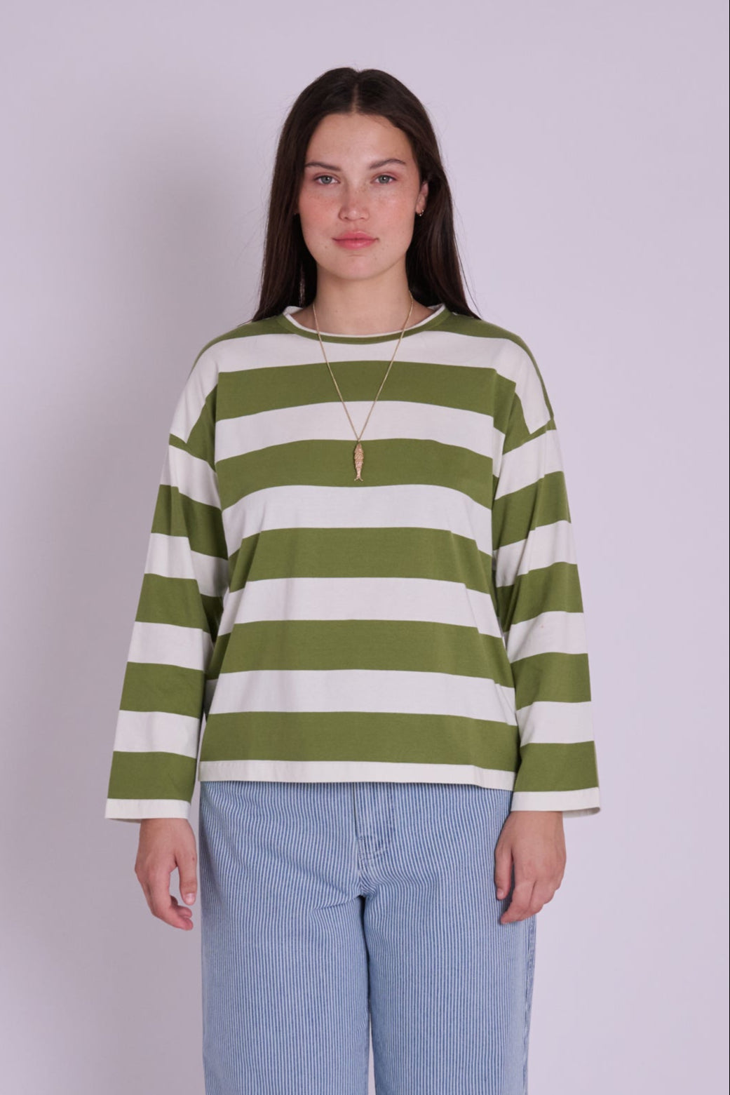 Eline Stripe TShirt - Olive Green – back view / styled detail