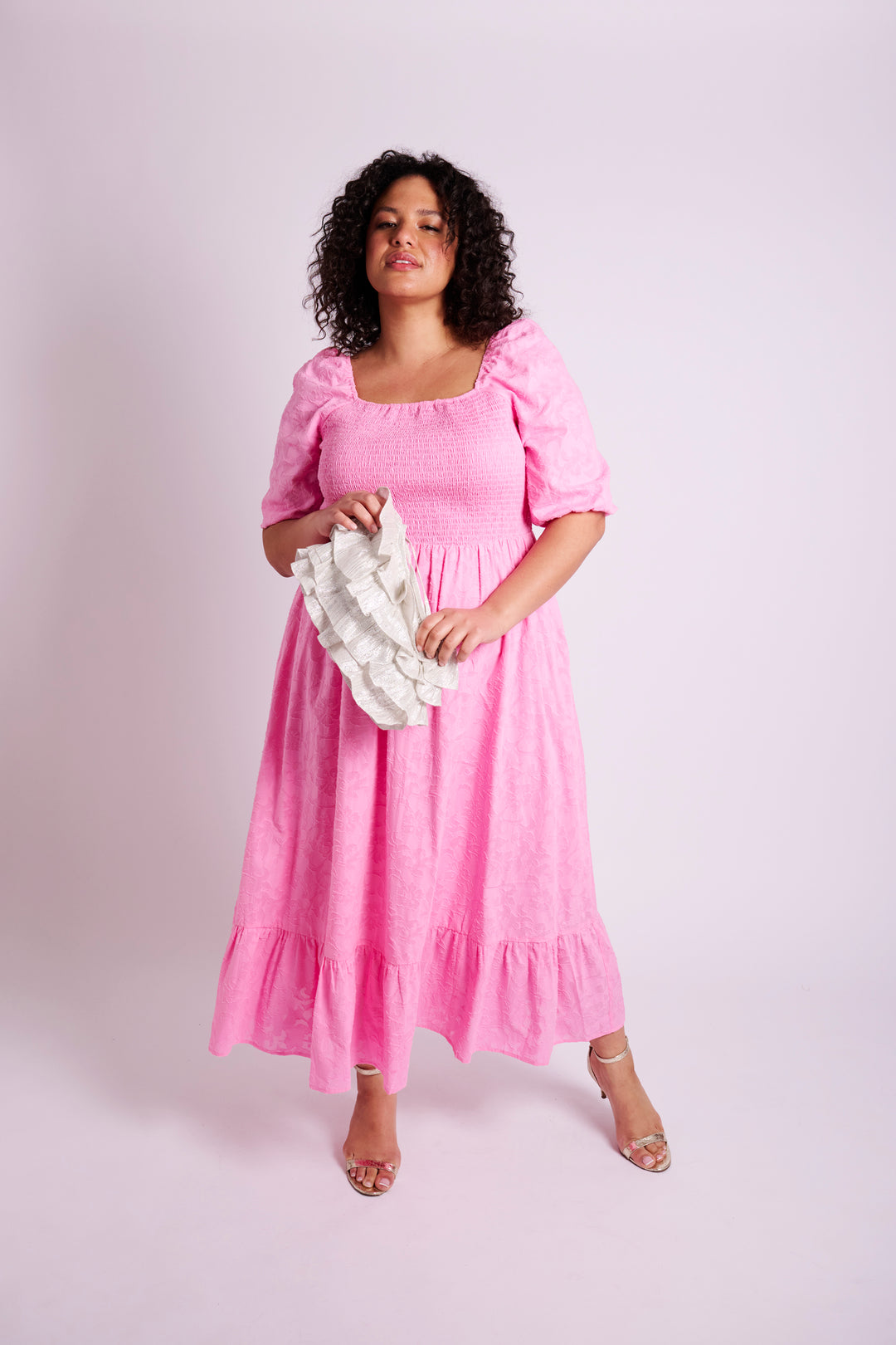 Peony Pink Shirred Bust Midi Dress