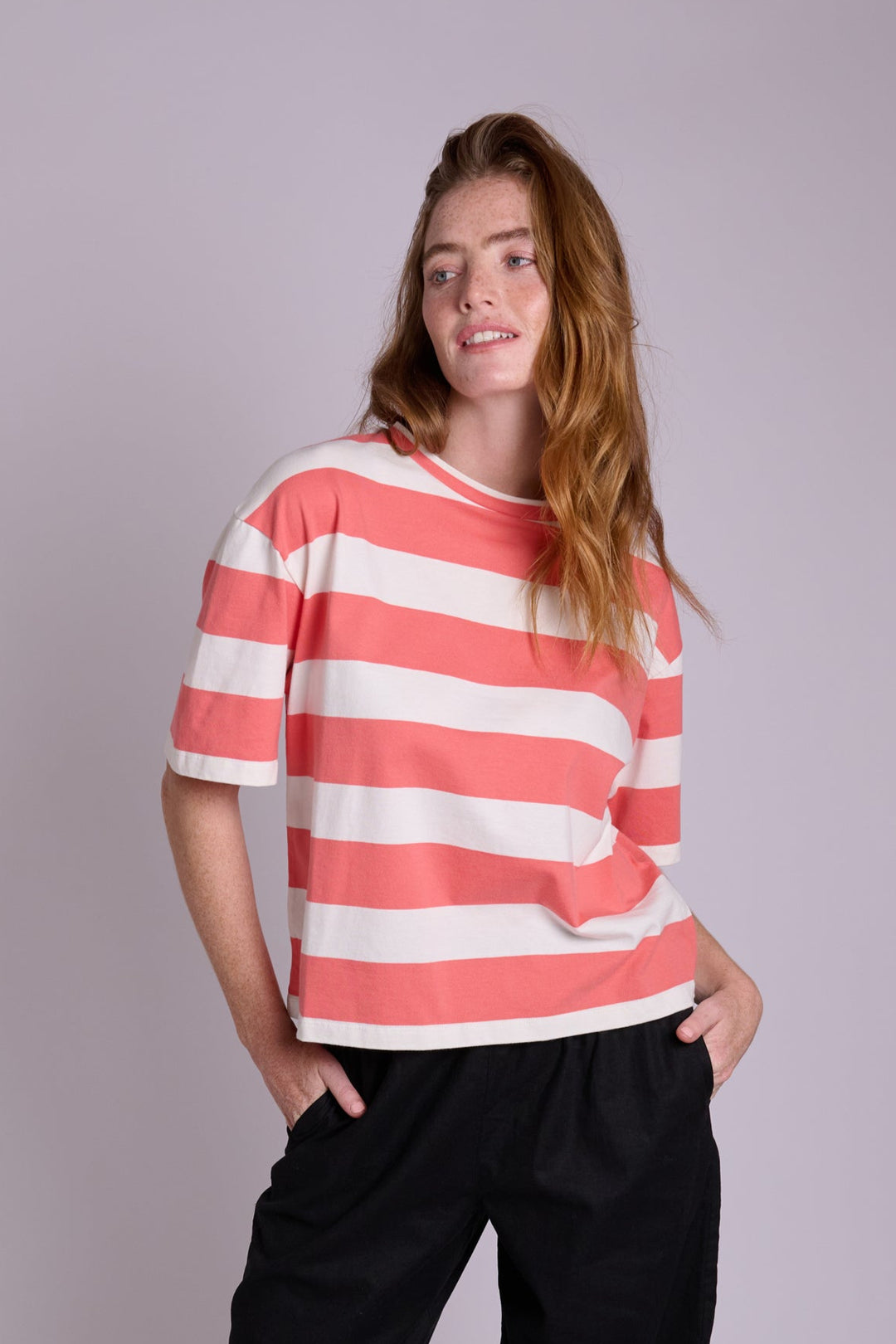 Juno Boxy Coral Stripe TShirt