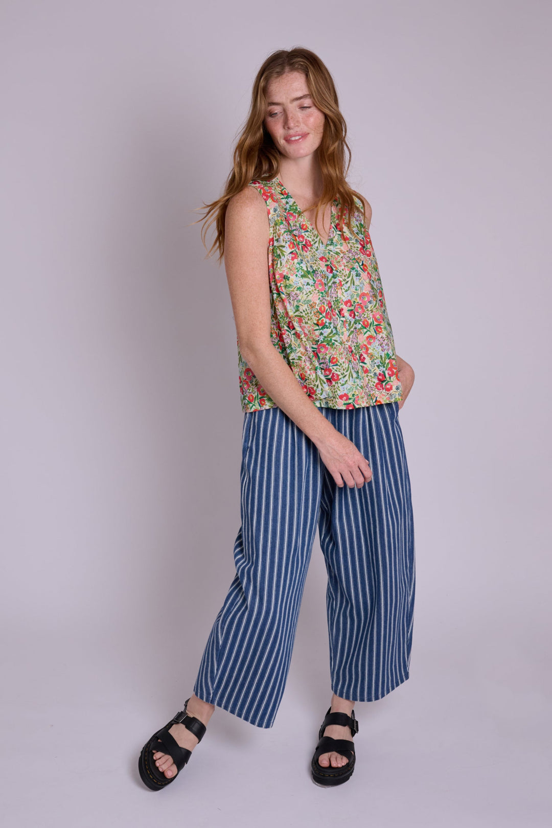 Ottie Denim Stripe Relaxed Trousers - Mid Wash