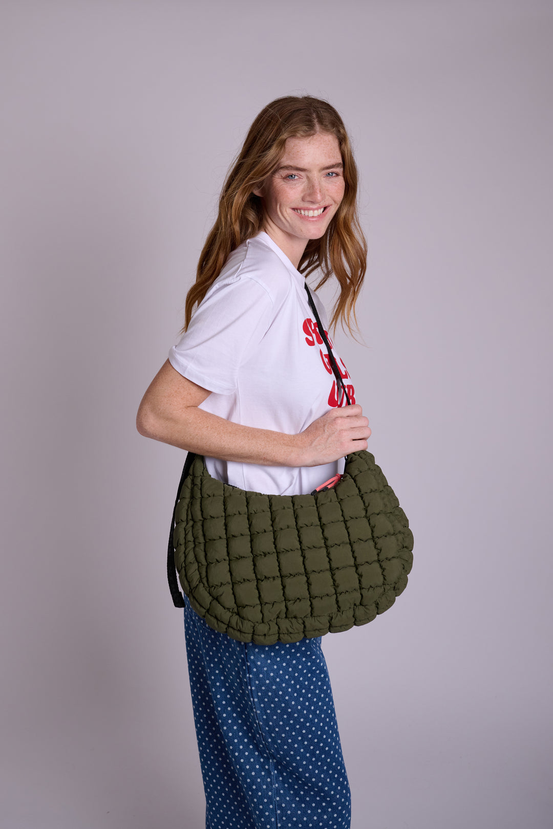 Dumpling Khaki Quilted Crossbody Bag