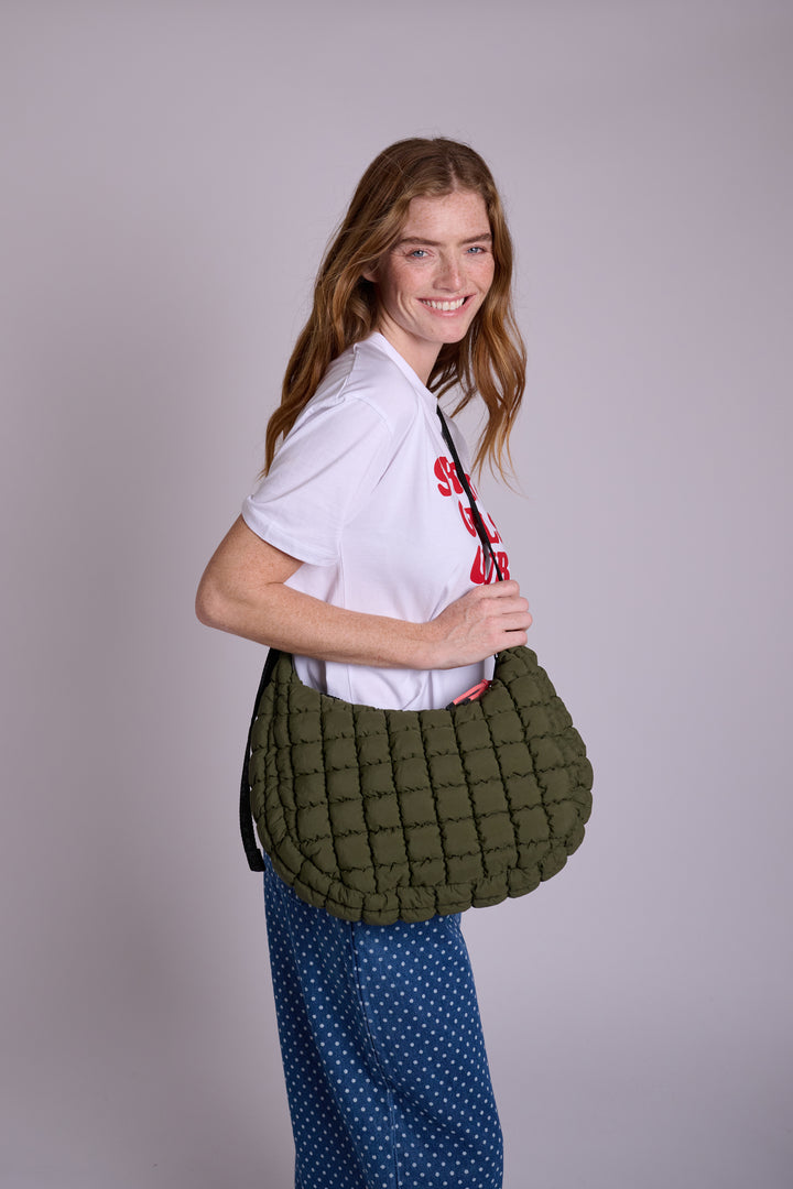 Dumpling Khaki Quilted Crossbody Bag