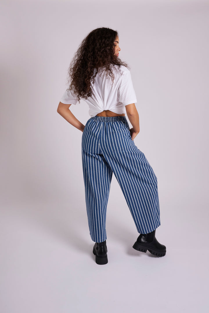 Ottie Denim Stripe Relaxed Trousers - Mid Wash