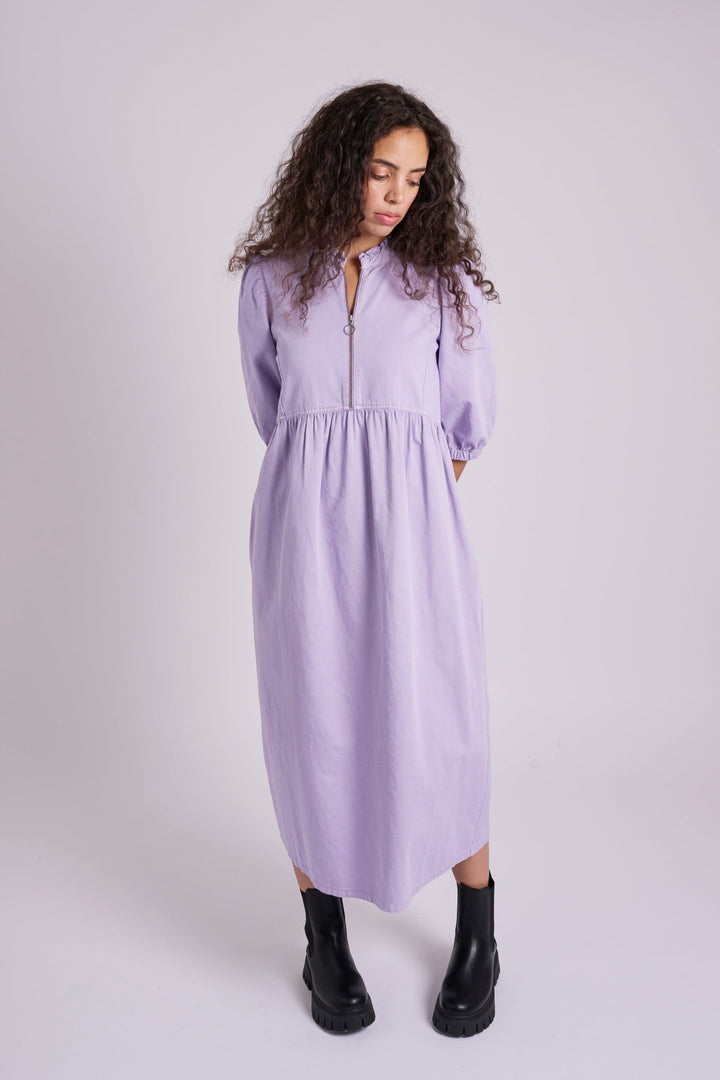 Zelda Zip Up Lilac Denim Midi Dress