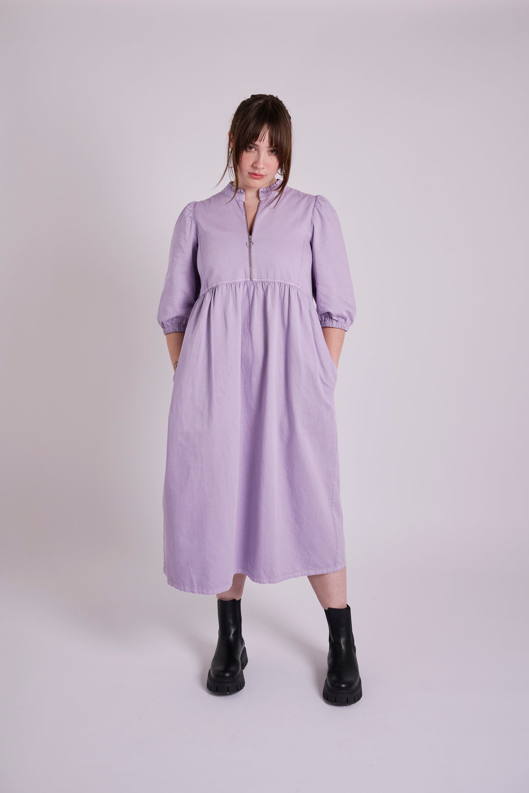 Zelda Zip Up Lilac Denim Midi Dress