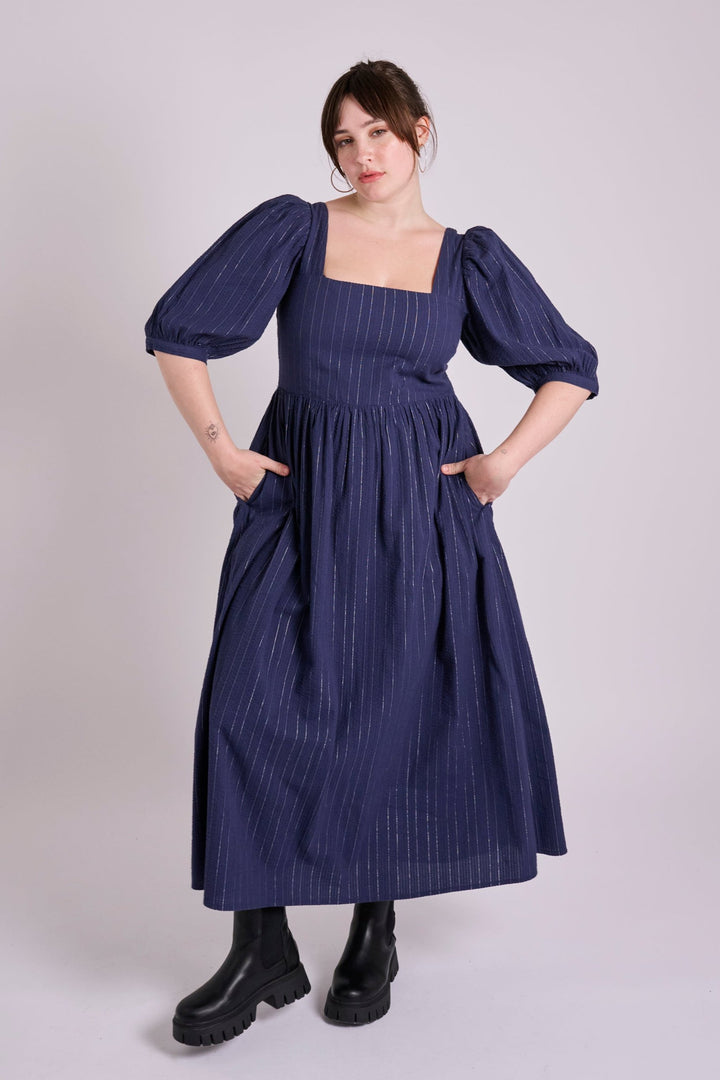 Minna Cotton Navy Metallic Seersucker Dress