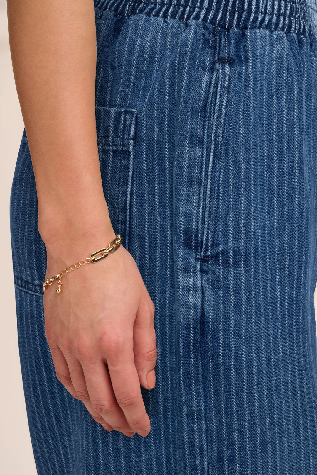 Close-up of woven needle stripe denim fabric
