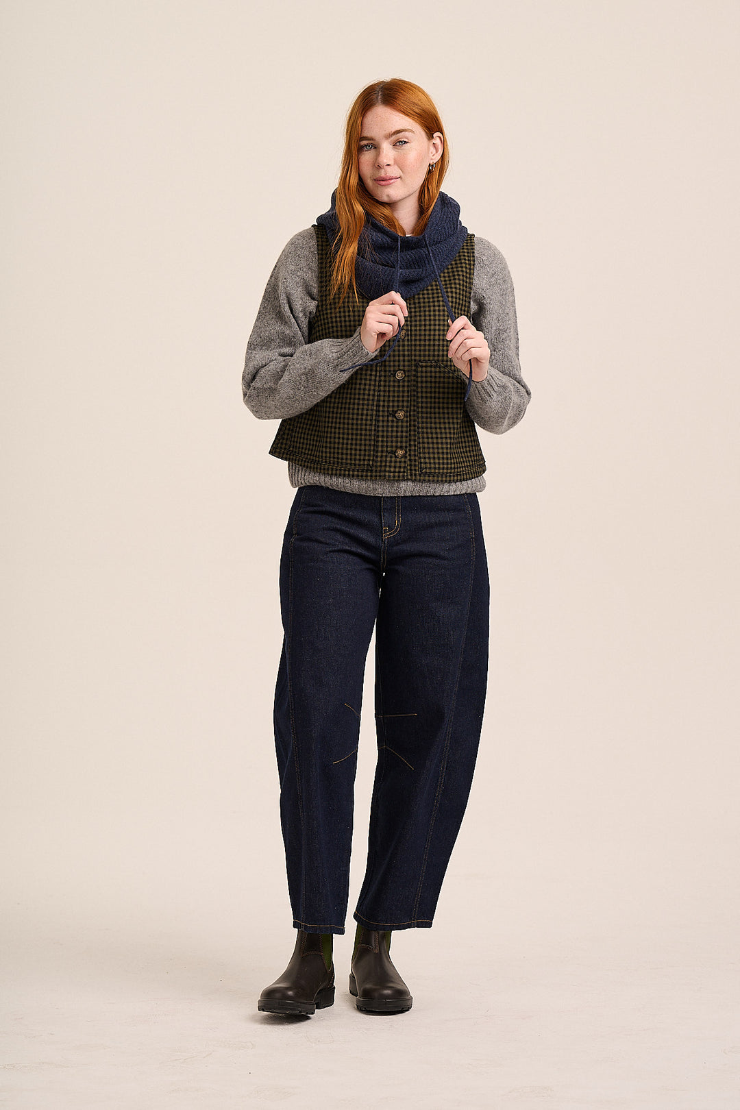 Orla Denim Waistcoat Top - Green Gingham