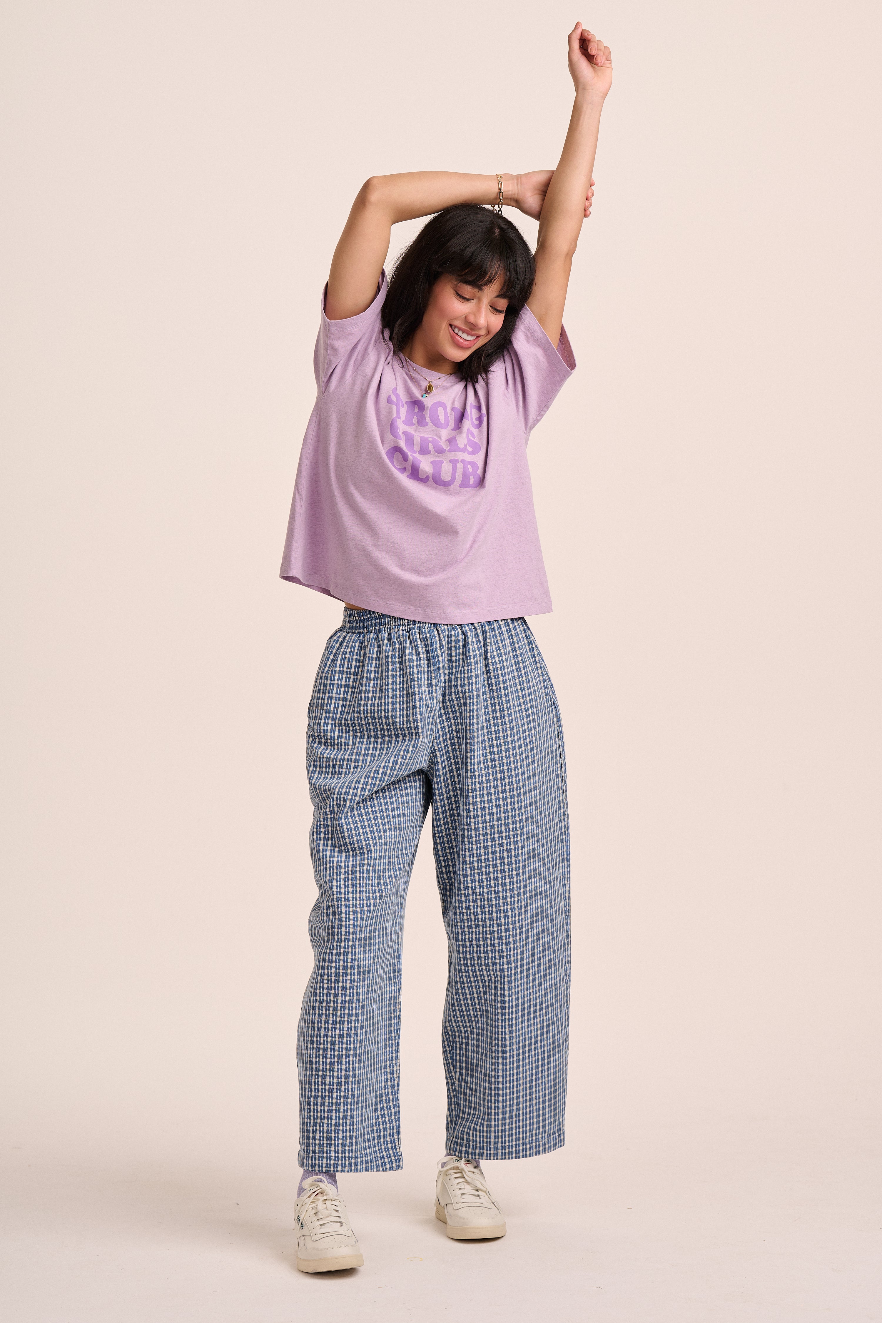 Ottie Denim Trousers - Blue Mini Plaid – back view / styled detail