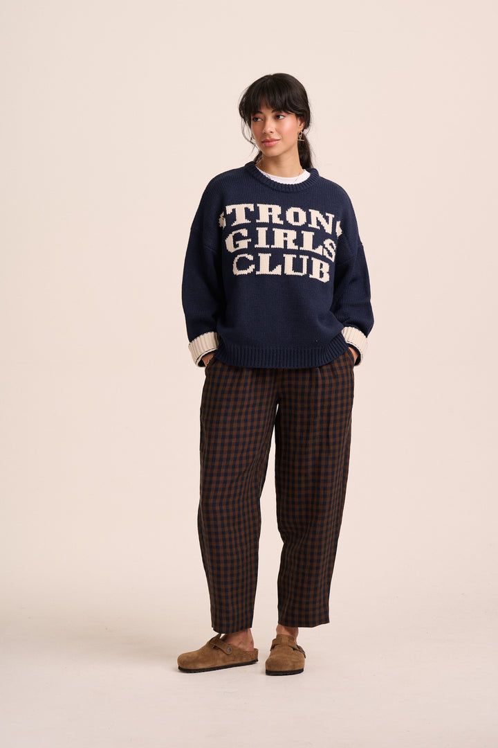 Peggy Linen Trousers - Navy & Brown Gingham