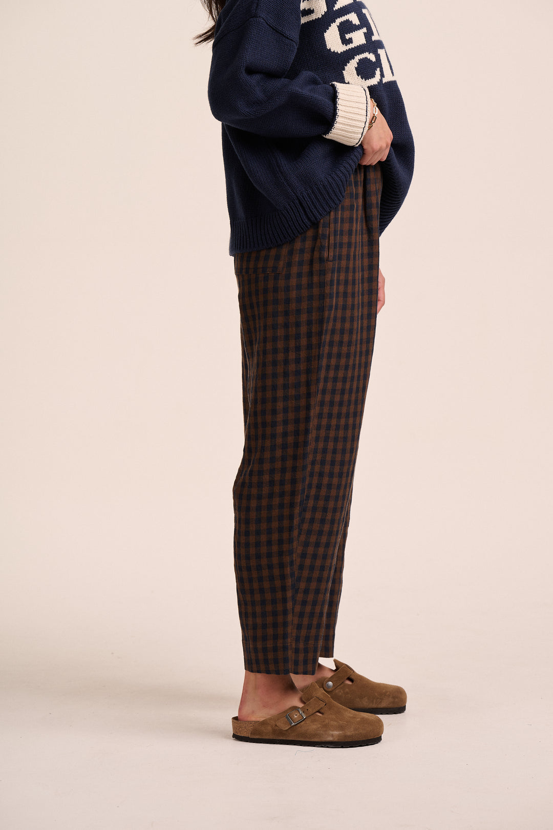 Peggy Linen Trousers - Navy & Brown Gingham