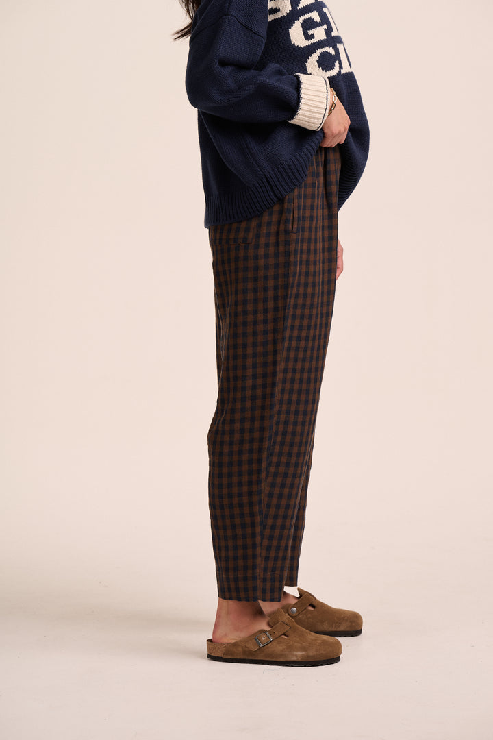 Peggy Linen Trousers - Navy & Brown Gingham