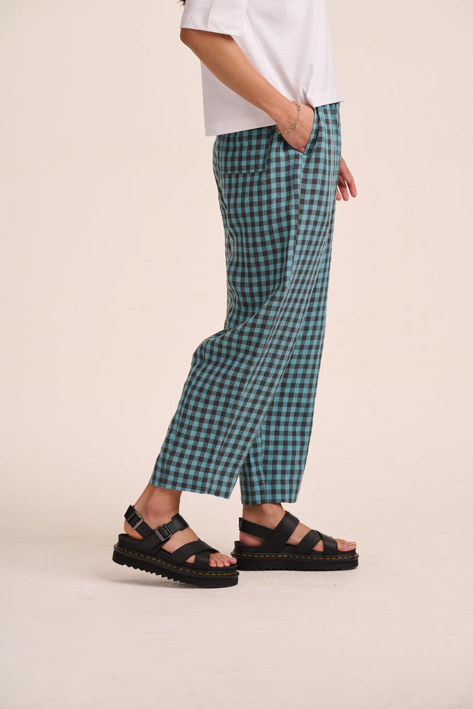 Peggy Linen Trousers -Teal Gingham | Mutha.Hood