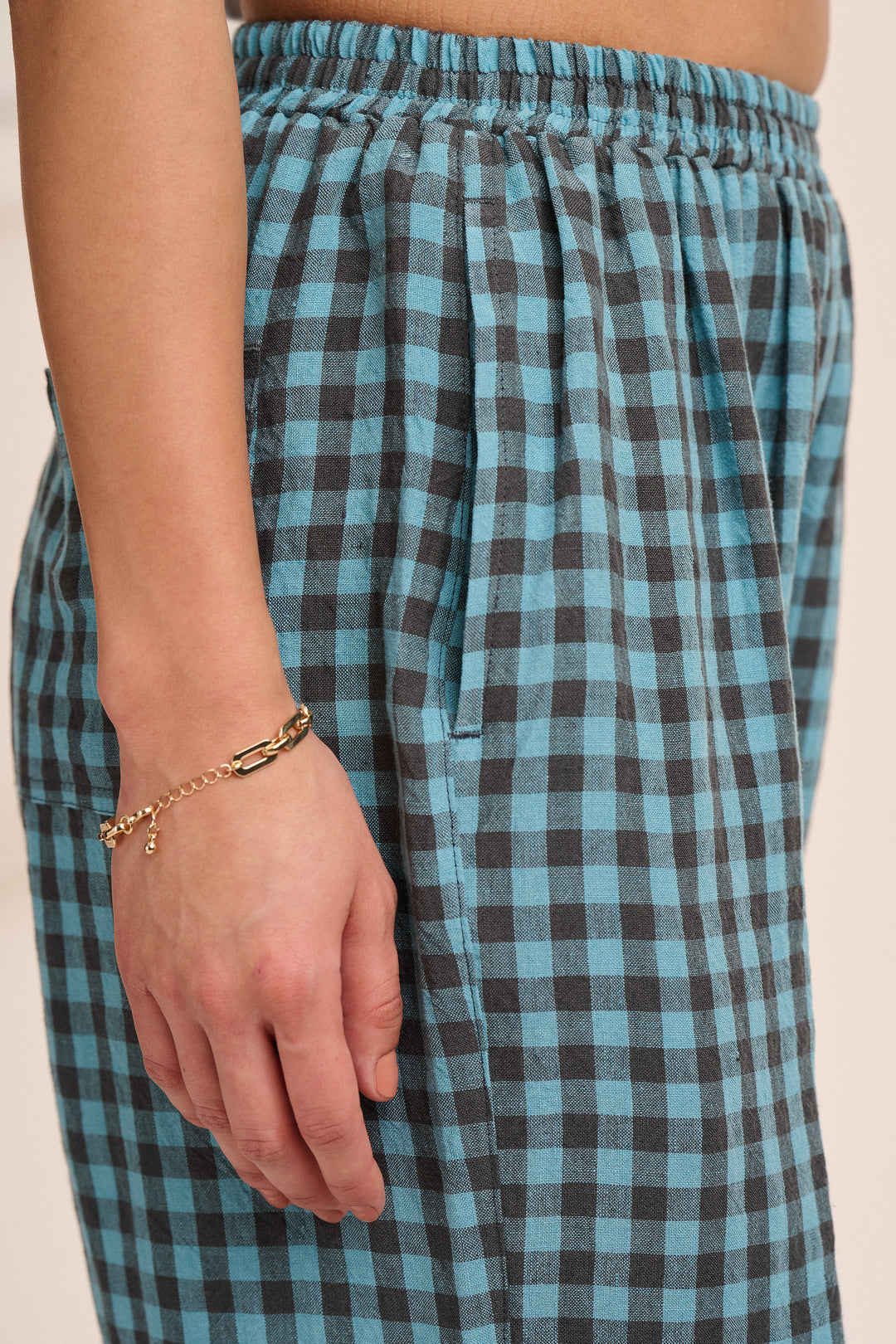 Peggy Linen Trousers -Teal Gingham