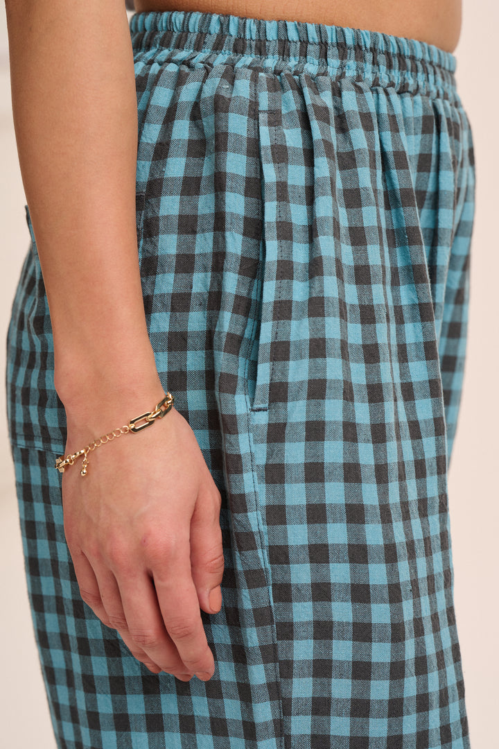 Peggy Linen Trousers -Teal Gingham