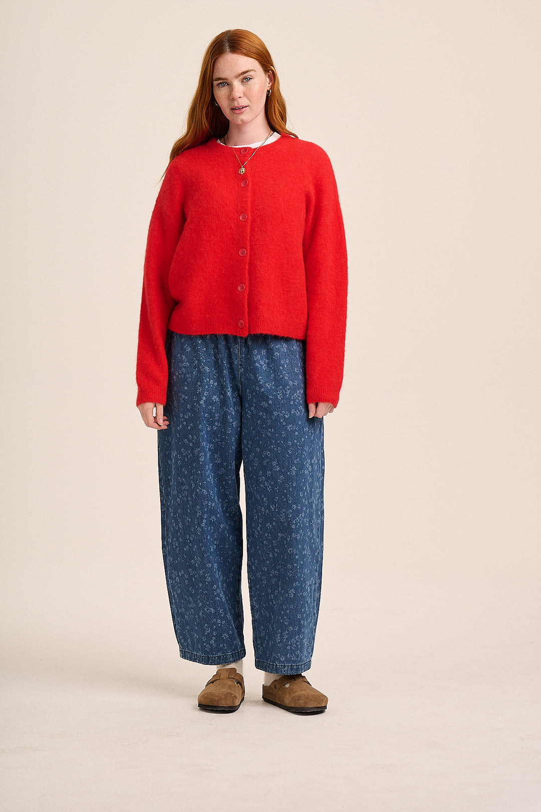 red baby alpaca knit and ottie denim floral trousers — Mutha.Hood