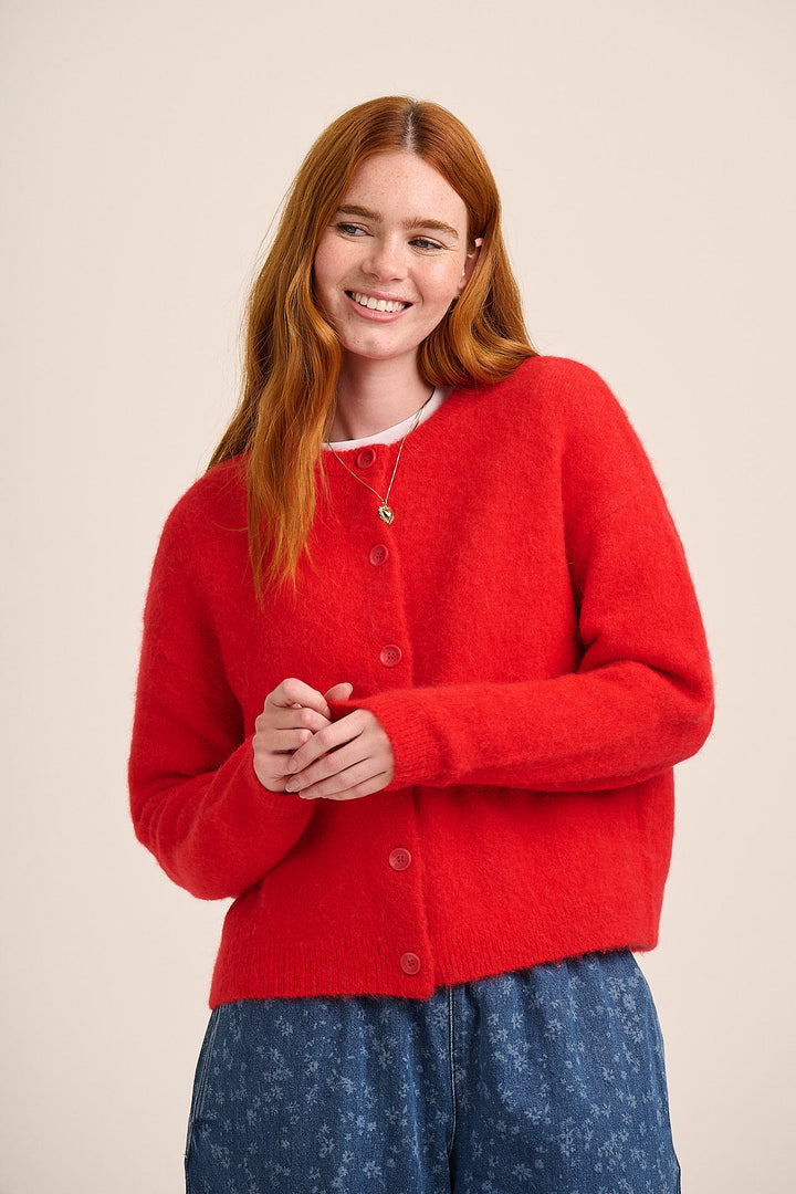 Red baby alpaca round-neck button cardigan — Pip, Mutha.Hood