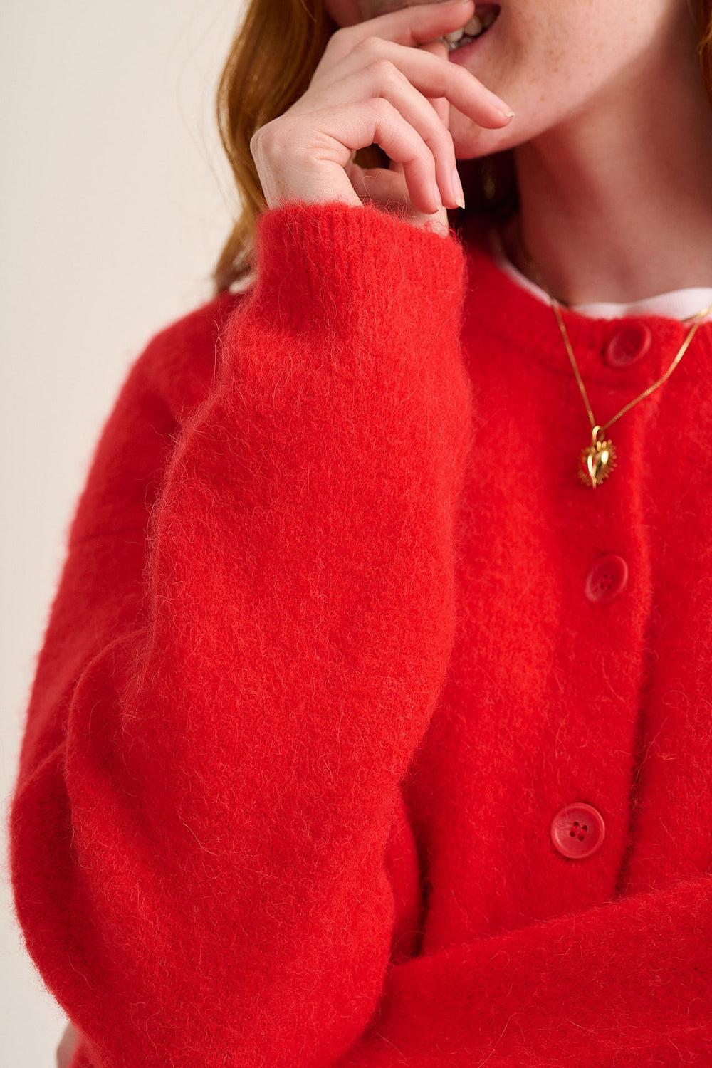 Pip red alpaca cardigan front view with button placket — Mutha.Hood