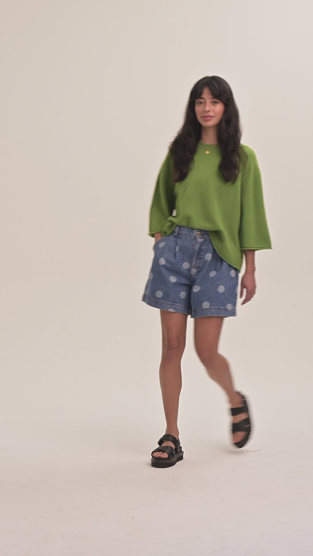 Olive Pleated Denim Shorts - Polka Dot