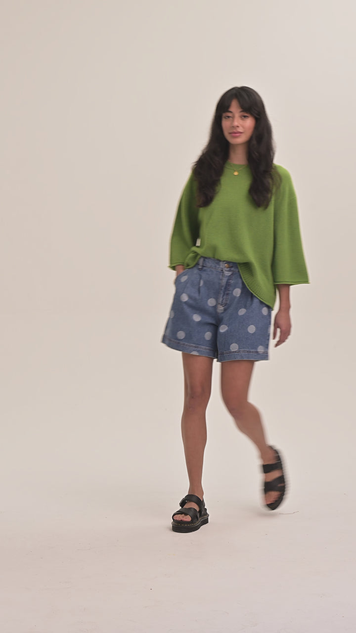 Olive Pleated Denim Shorts - Polka Dot