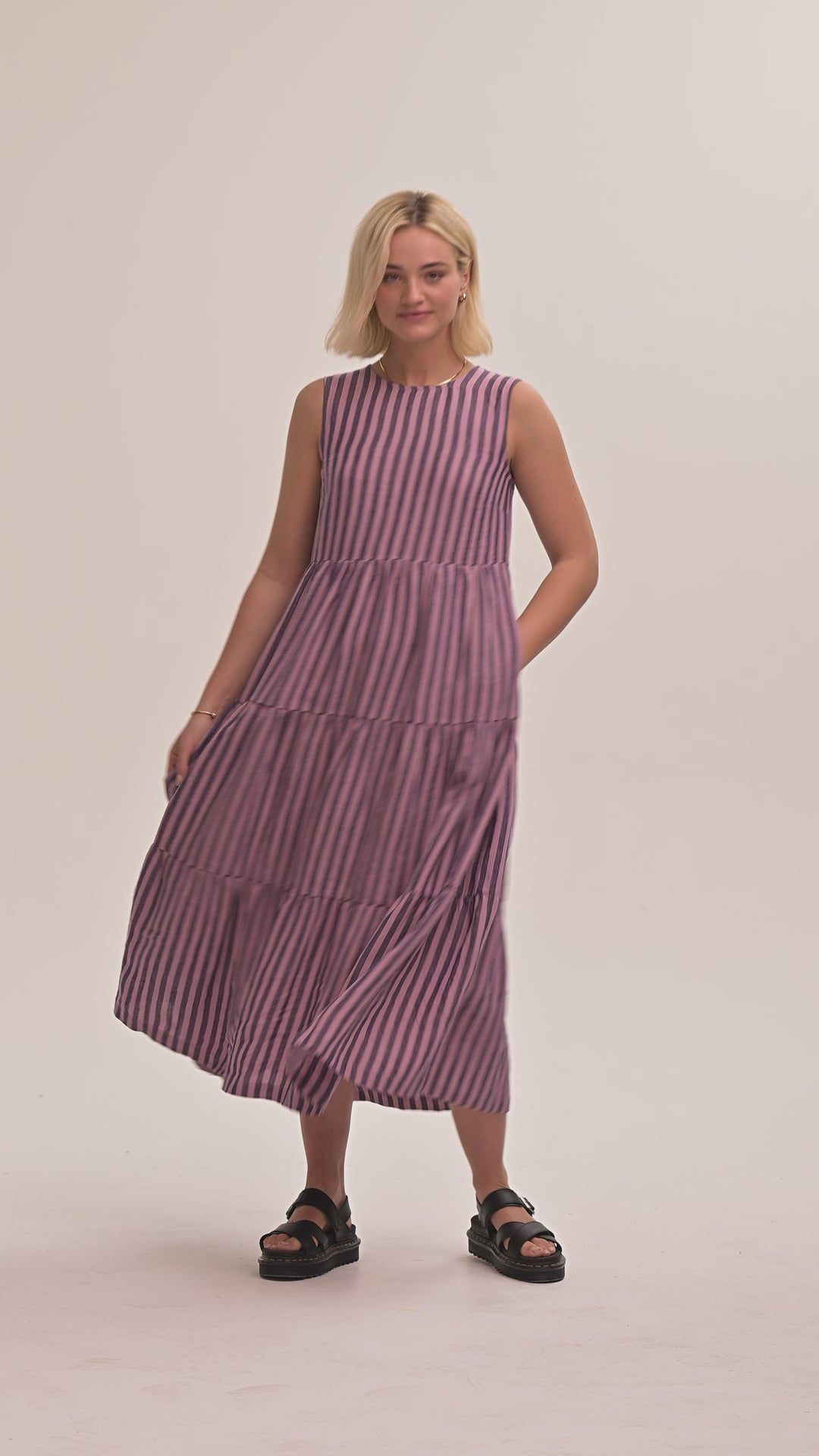 Frankie Linen Dress - Purple & Pink Stripe