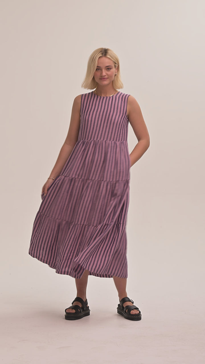 Frankie Linen Dress - Purple & Pink Stripe