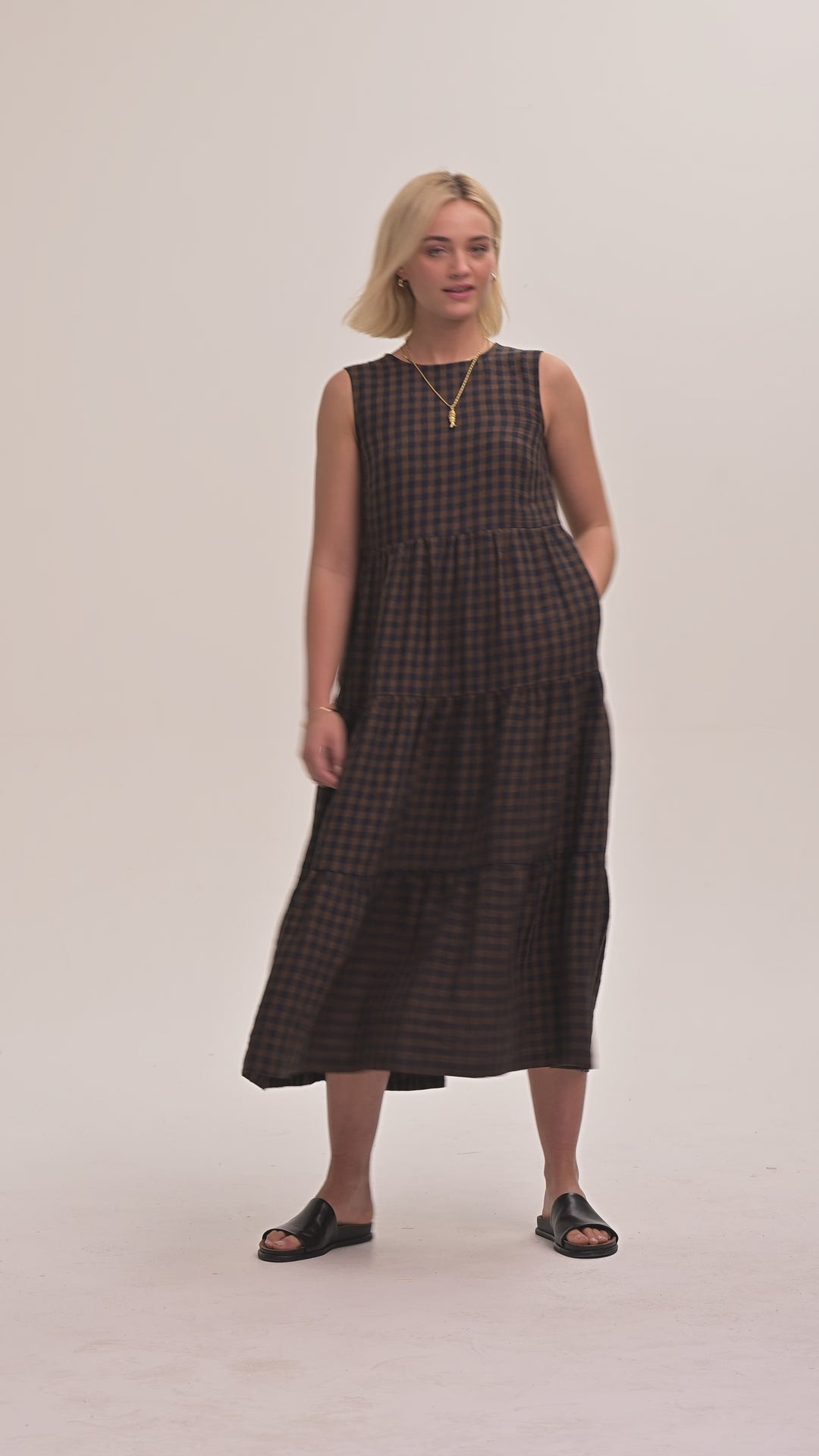 Frankie Linen Dress - Navy & Brown Gingham