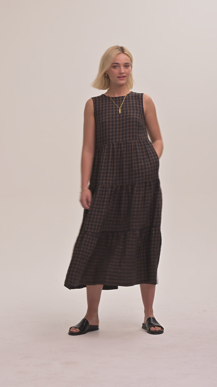 Frankie Linen Dress - Navy & Brown Gingham