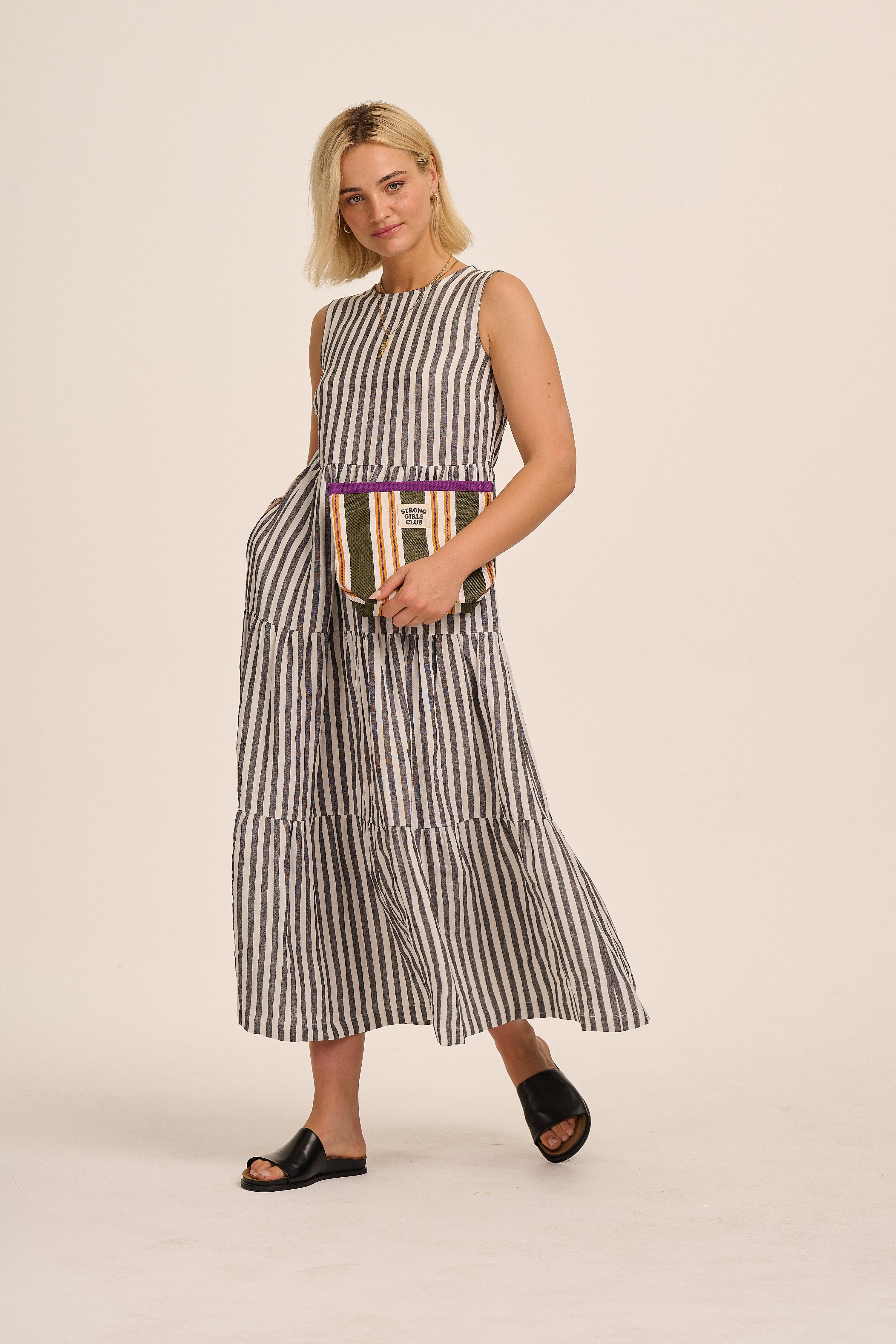 Recycled Nylon Striped Pouch - Green & Orange