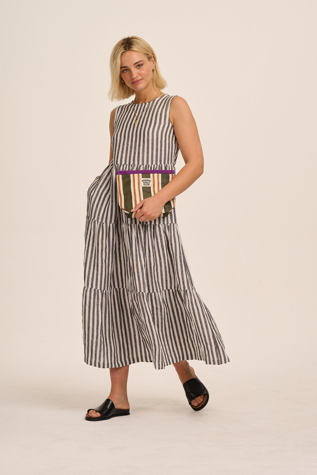 Recycled Nylon Striped Pouch - Green & Orange