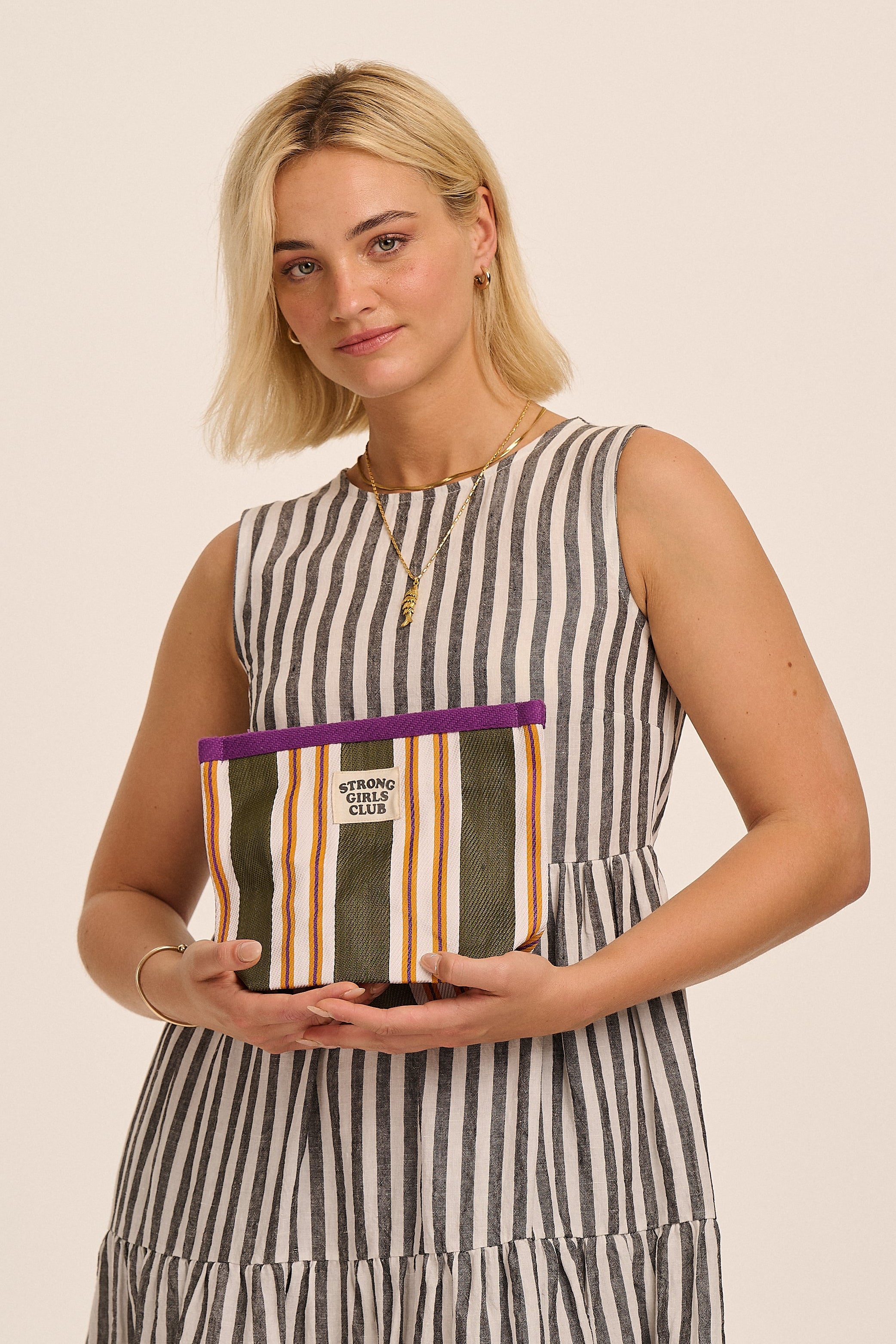Recycled Nylon Striped Pouch - Green & Orange