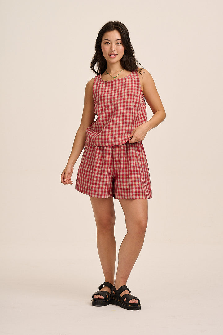 Nova Linen Top - Red & Sand Check
