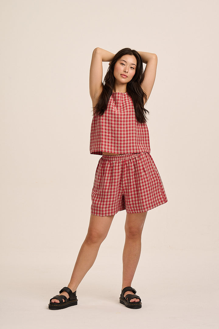Ziggy Linen Shorts - Red & Sand Check