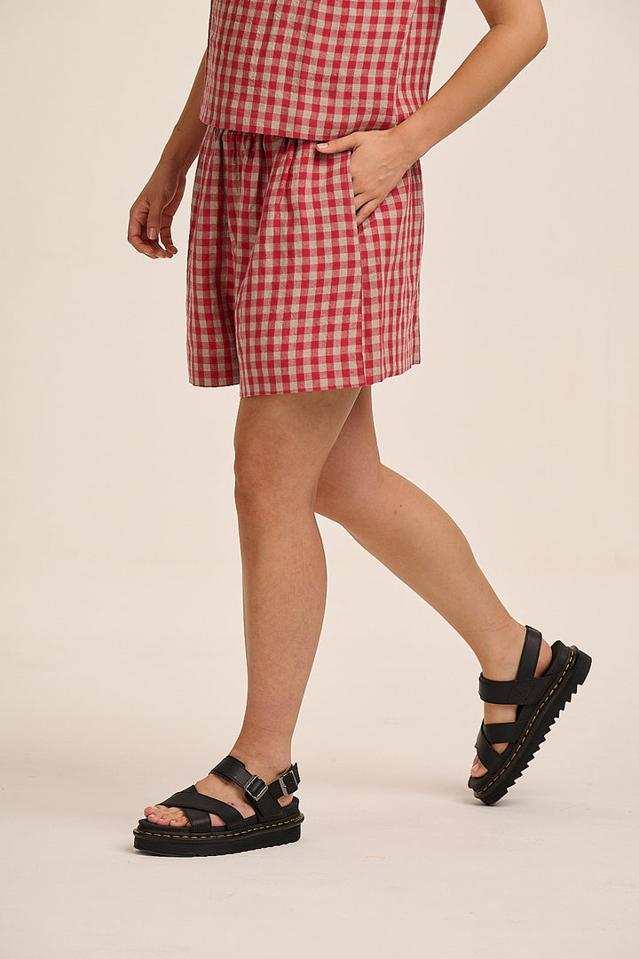 Ziggy Linen Shorts - Red & Sand Check