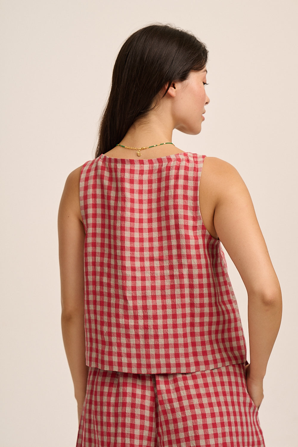 Nova Linen Top - Red & Sand Check