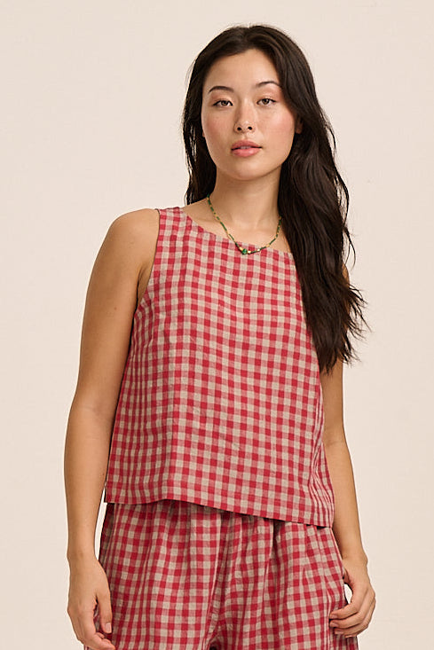 Nova Linen Top - Red & Sand Check