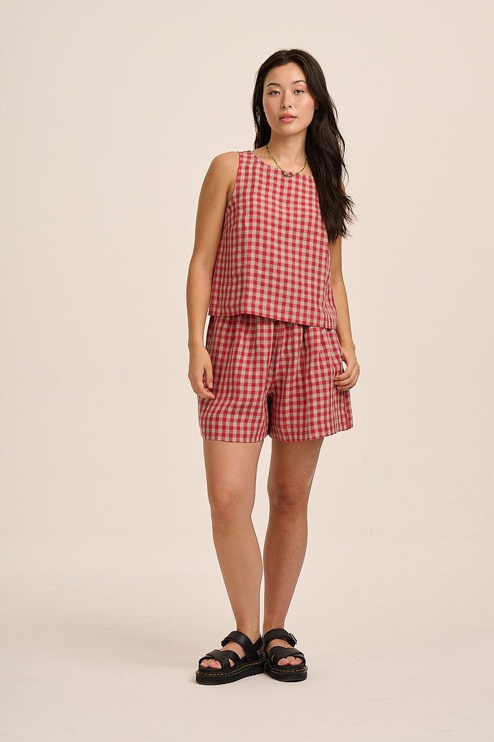 Ziggy Linen Shorts - Red & Sand Check