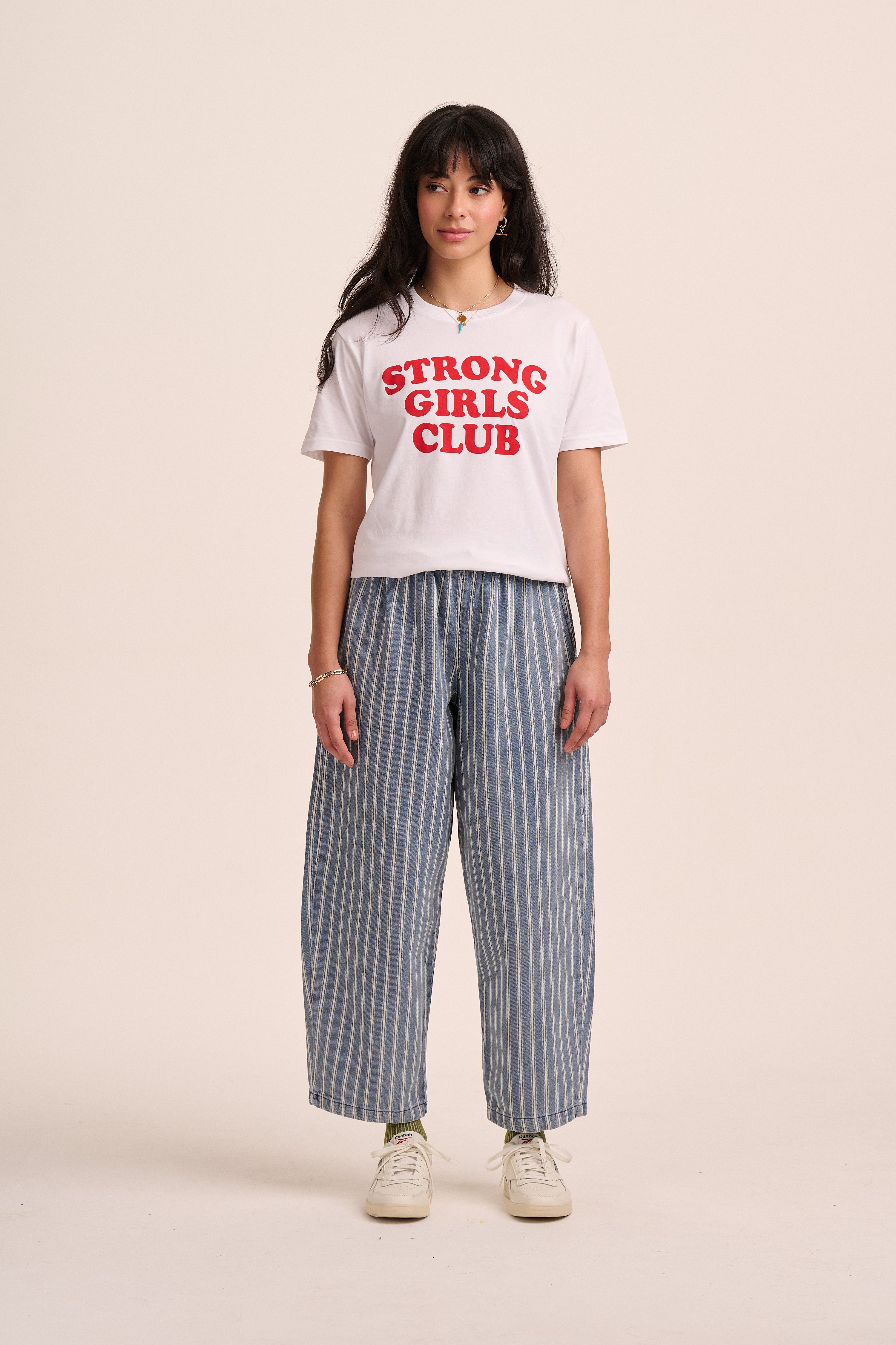 Ottie Denim Trousers - Light Wash Stripe – back view / styled detail