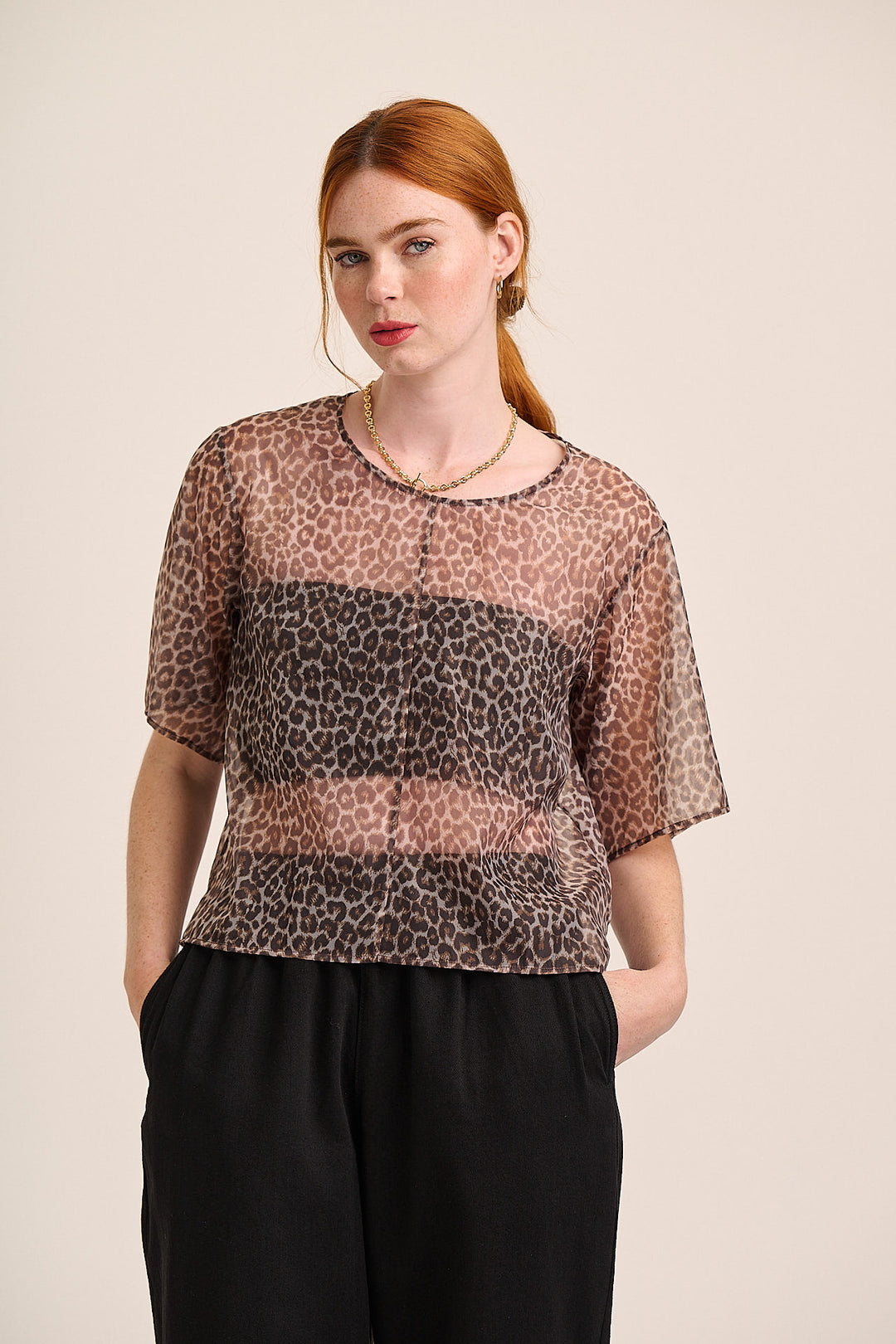 Leopard organza top front view, boxy fit — Mutha.Hood