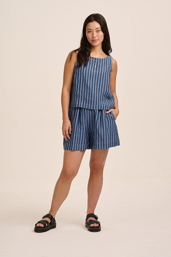Nova Linen Top - Tonal Blue Stripe
