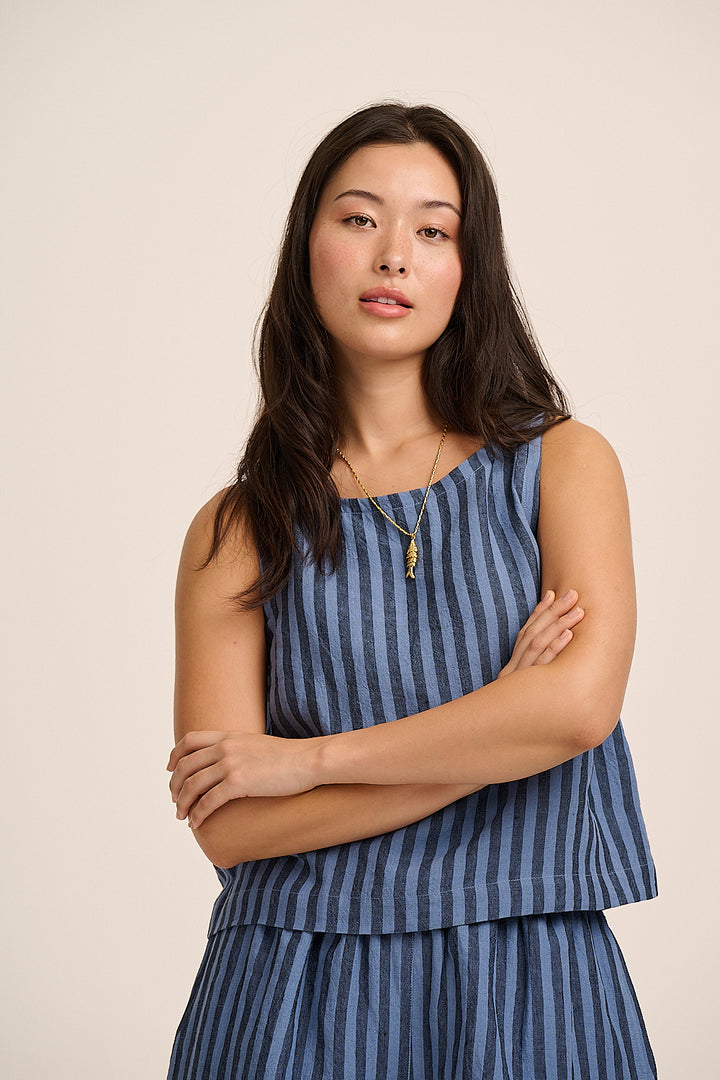 Nova Linen Top - Tonal Blue Stripe