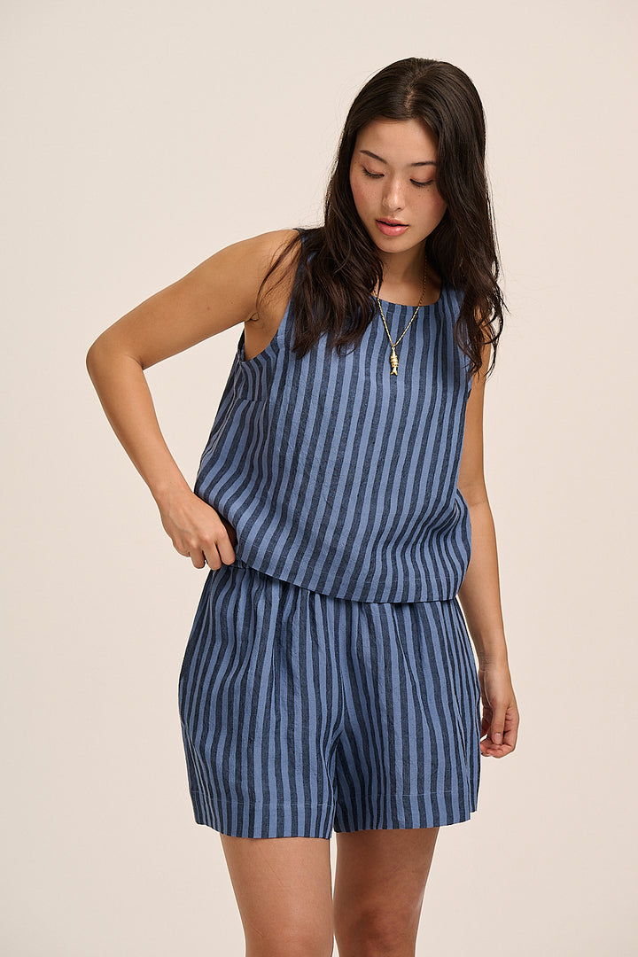 Nova Linen Top - Tonal Blue Stripe
