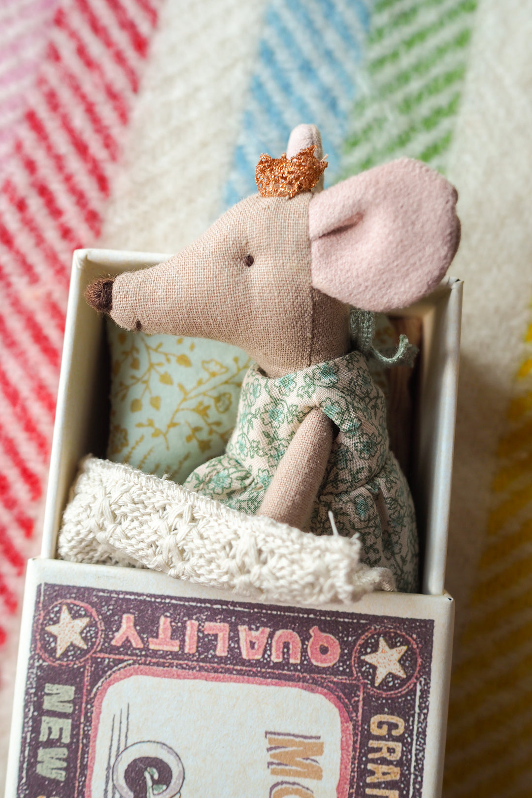 Maileg Little Sister with Crown Matchbox Mouse